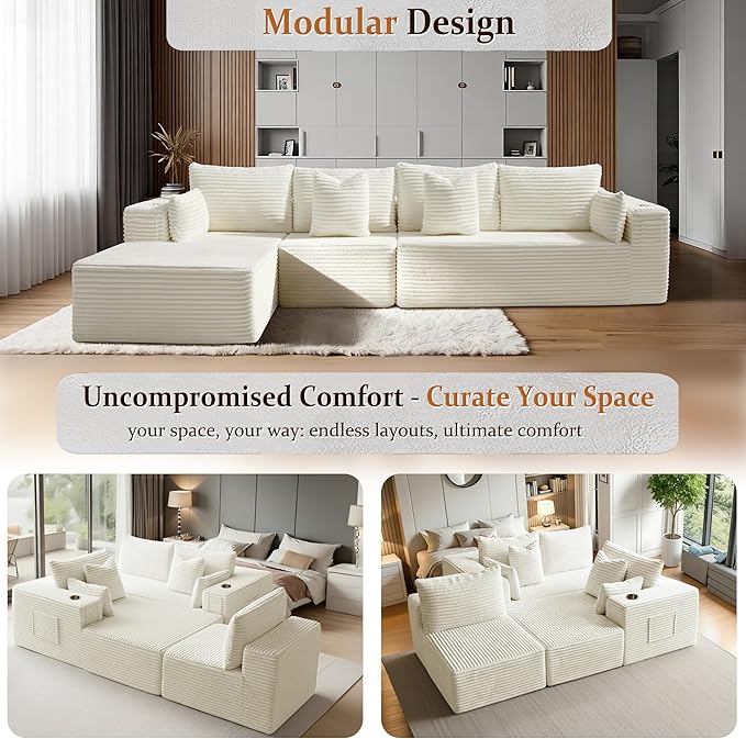 138" Cloud Sectional Couch, Comfort L Shaped Boneless Couch