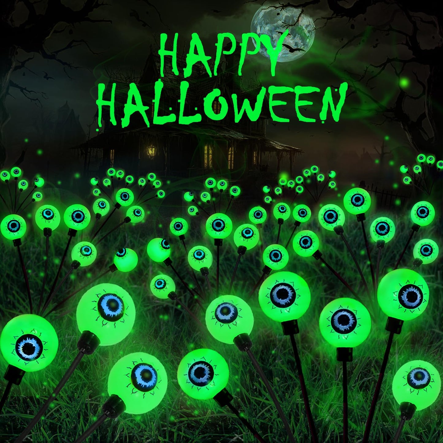 4 Pack Solar Eyeball Lights for Halloween Decorations Outdoor, 24 LED Green Eyeball Solar Halloween Lights, Waterproof Swaying Firefly Lights with 2 Modes for Pathway Patio Yard Lawn Garden Decor