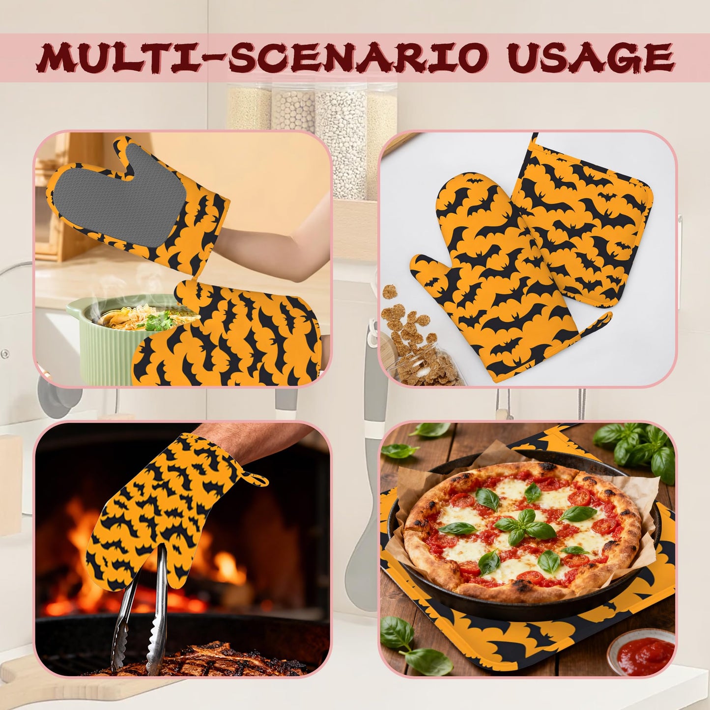 Halloween Bat Heat-Resistant Silicone Oven Mitts and Pot Holders 4 Piece Set,Extra Long Non-Slip Kitchen Oven Gloves for Cooking, Baking, BBQ,Grilling