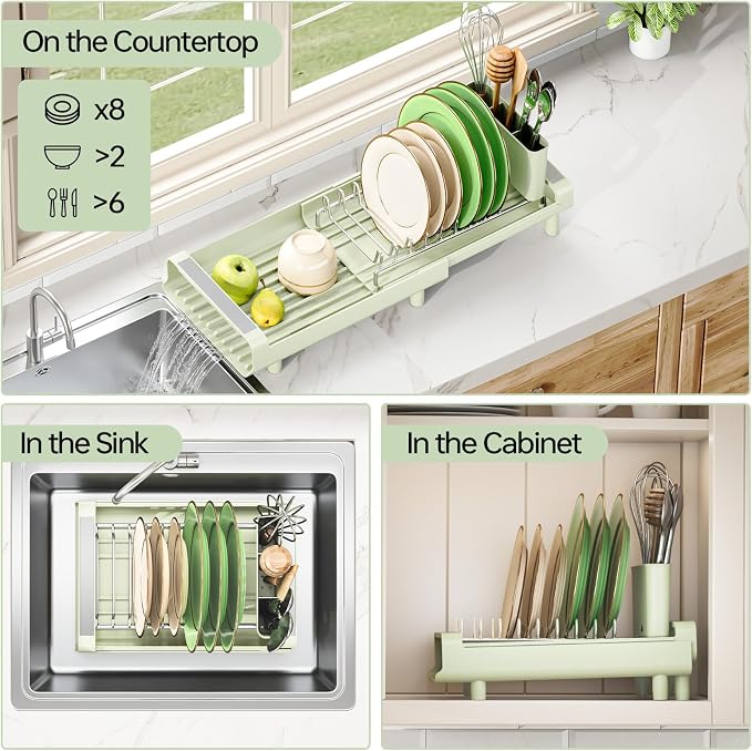 TOOLF Small Dish Drying Rack, Mini Expandable Compact Dish Rack, Slim Extendable Stainless Steel Dish Drainer for Kitchen Countertop, Space Saving Dish Strainer, Soft Celery Green