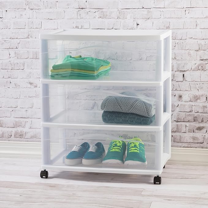 Sterilite 3 Pack Wide 3 Drawer Storage Cart, Plastic Organizer with Wheels, White - Multipurpose Bin for Clothes, Accessories, or Home Accessories