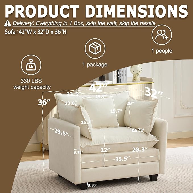 Modular Sectional Sofa Cloud Couch, Deep Seat Washable Chenille Fabric Sofa