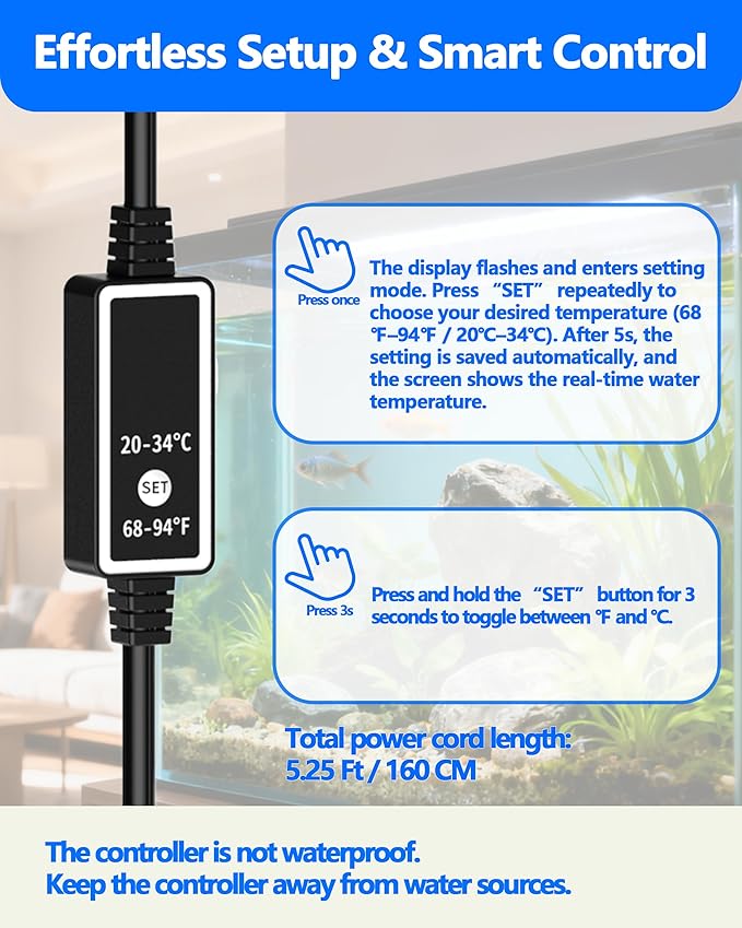 50W Titanium Aquarium Heater with LED Digital Display & External Controller – Submersible Fish Tank Heater, Precise ±1.8℉, IP68 Waterproof, for 3-7 Gallon Freshwater & Saltwater Tanks