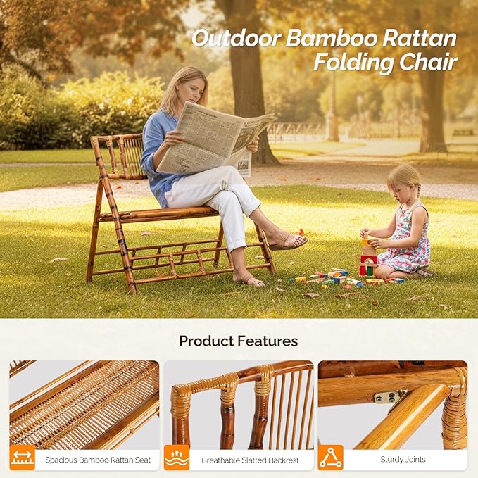 VINGLI Bamboo Rattan Folding Loveseat, Handmade Double Seat Folding Chair