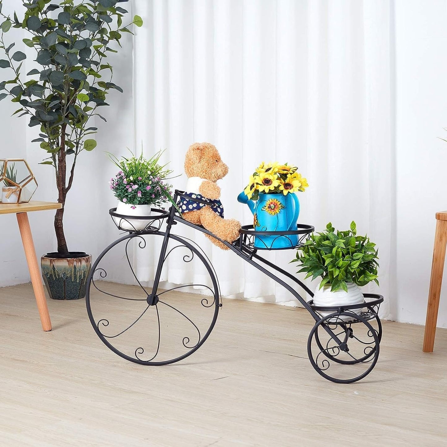 Tricycle Iron Planter Stand 3 Potted Metal Bicycle Shape Plant Flower Pot Rack Black Vintage Rectangular