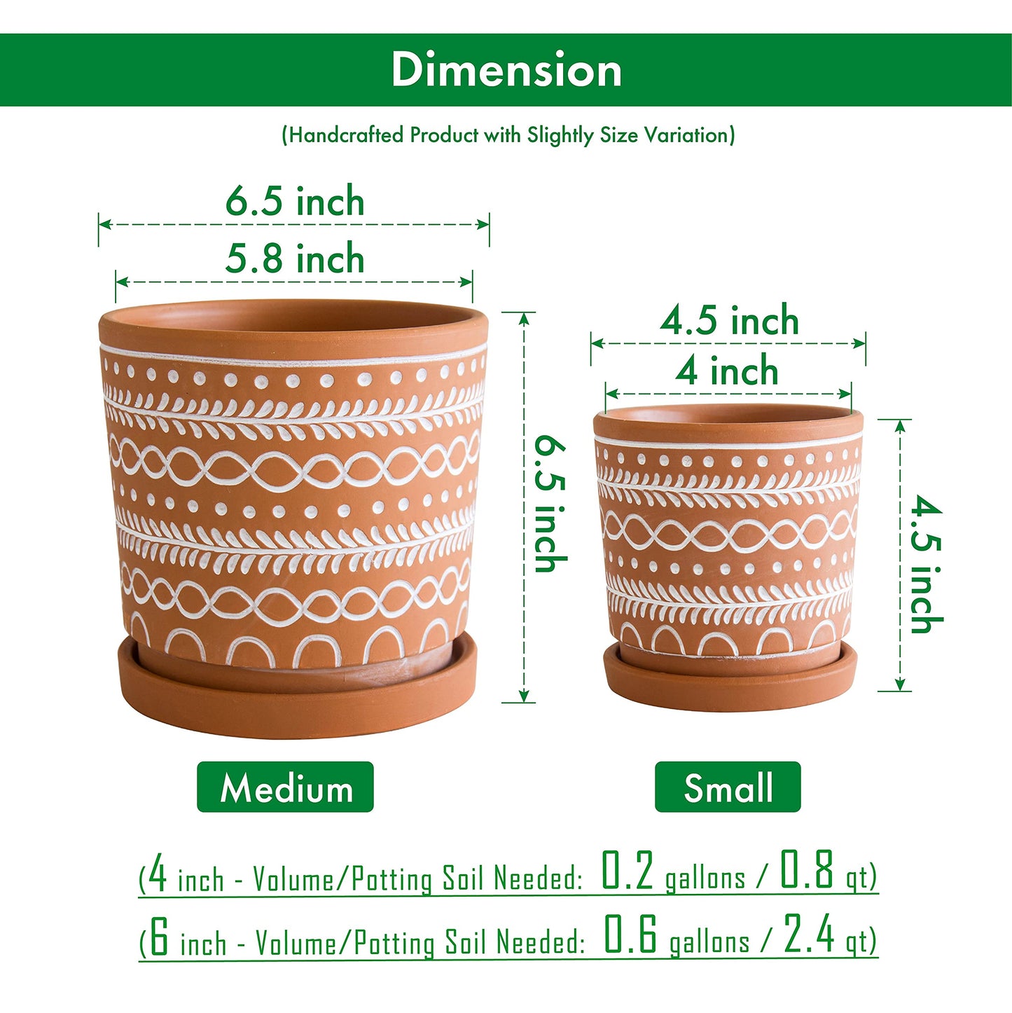 D'vine Dev Set of 2 Terracotta Pots, 4 Inch & 6 Inch, Planter Pots for Plants with Drainage Holes and Saucers, Terracotta/White, 31-958-D-1
