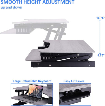 Rocelco 32" Height Adjustable Standing Desk Converter - Quick Sit Stand Up Dual Monitor Riser - Gas Spring Assist Tabletop Computer Workstation - Large Retractable Keyboard Tray - Grey (R ADRG)