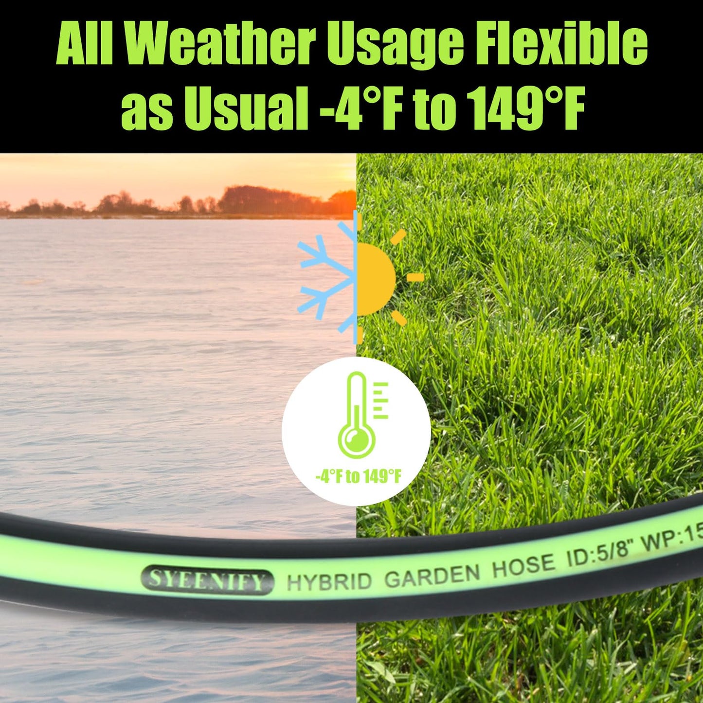 SYEENIFY Kink Free Garden Hose 50ft 5/8", Heavy Duty Hybrid Water Hose, Ultra Durable Flexible Rubber Hose with Sprayer Nozzle,Leakproof Yard Outdoor Hose with Brass Solid Connector