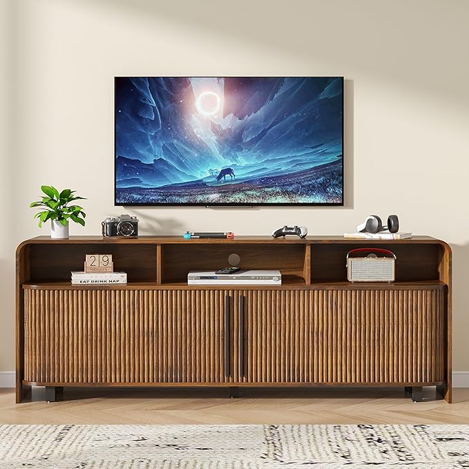 Fluted TV Stand for 75 65 80 Inch TV, 70 Inch Long Walnut Entertainment Center