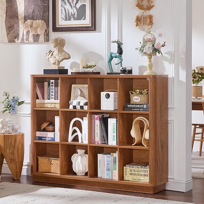 Joaxswe 12 Cube Storage Organizer, Wood Floor Standing 3-Tier Cubby Bookcase