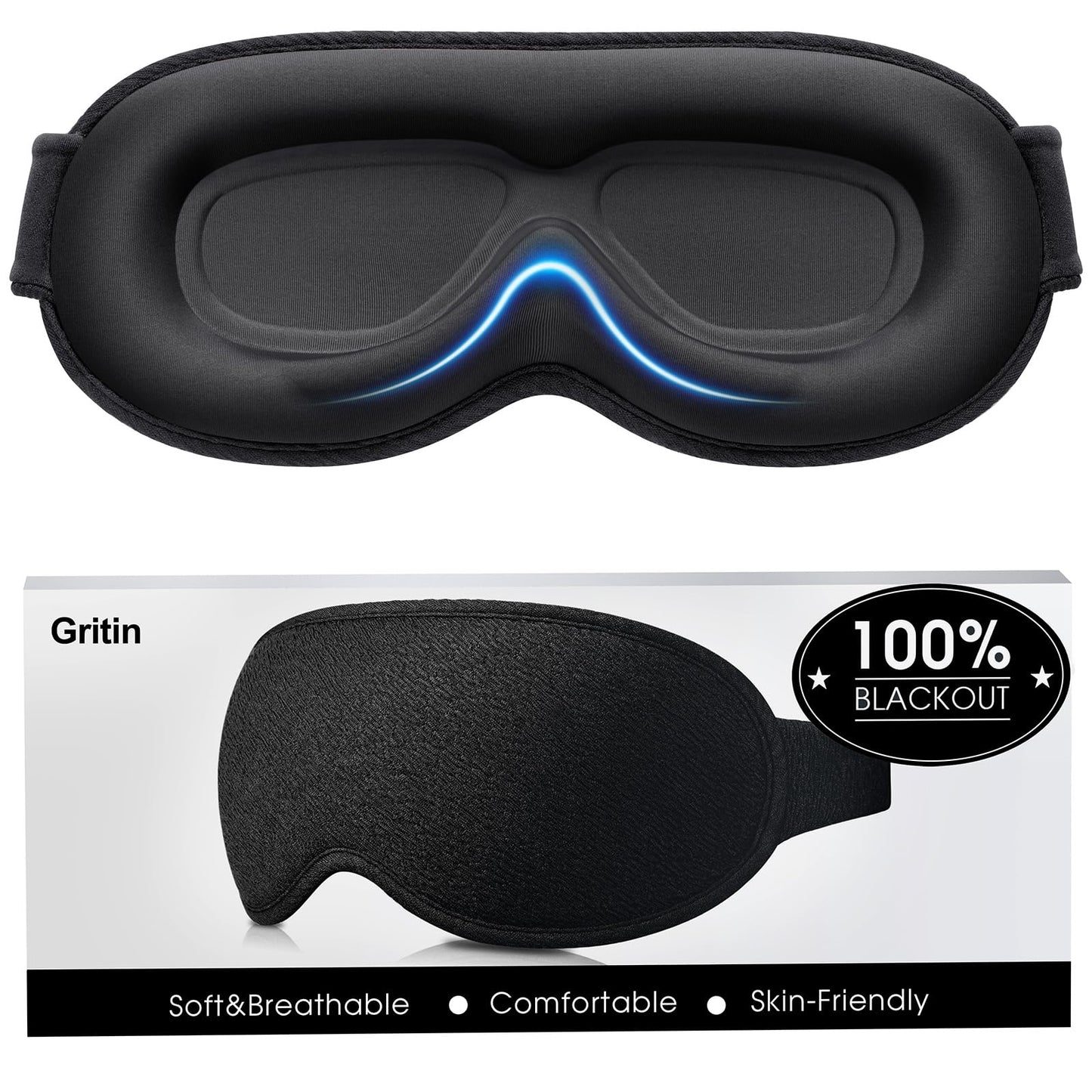 Gritin 100% Blackout Sleep Eye Mask for Women Men, Zero Pressure Sleeping Mask - Ergonomic Design 3D Cutout Eye Movement and Eyelash Friendly Night Blindfold, Ultra Soft Comfortable for Sleeping