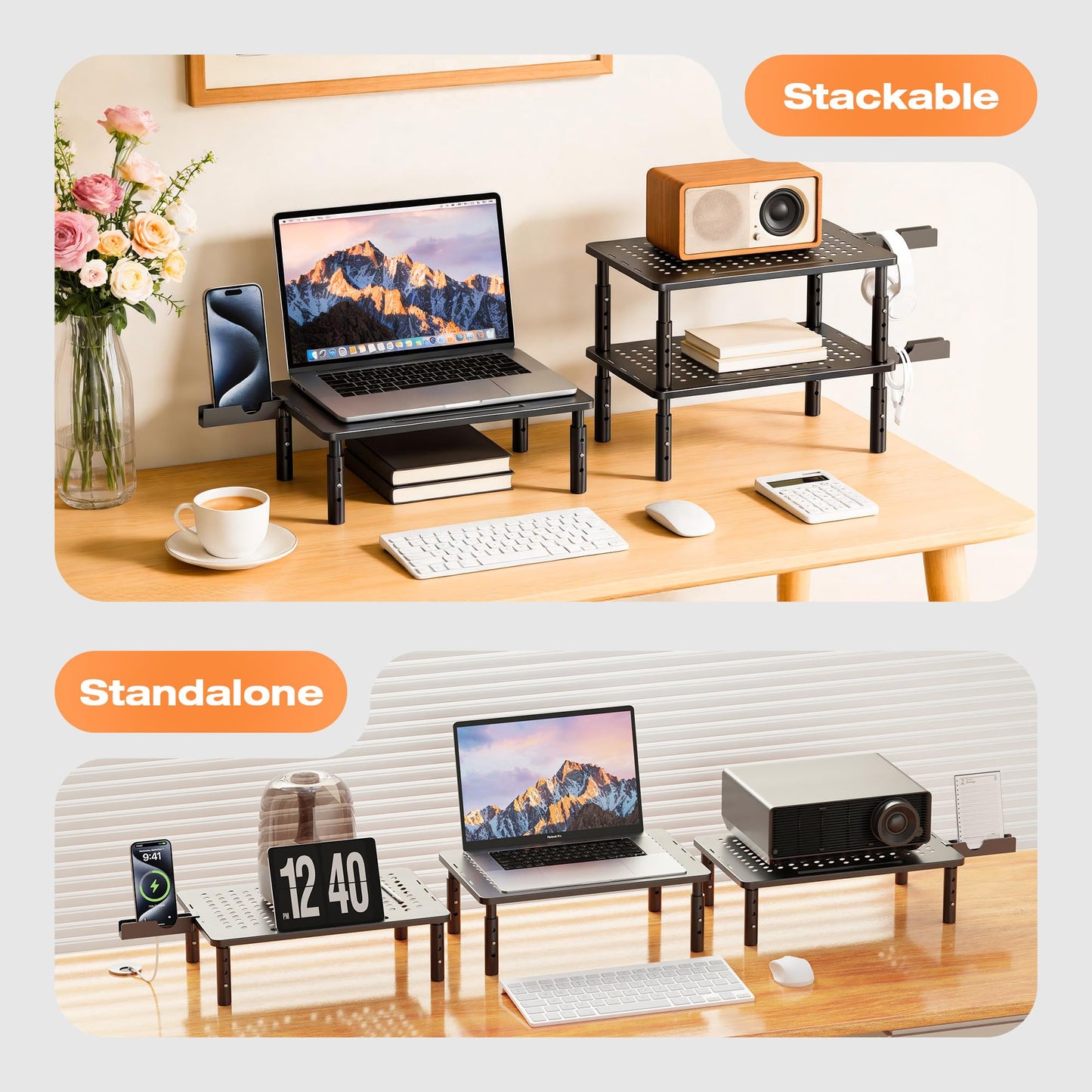 Canyora Computer Monitor Stand Riser for Desk, 3 Height Adjustable PC Laptop TV Desktop Monitor Stand Shelf, Metal Printer Table with Phone Holder, Stand Riser for Desk, Office Desk Organizers and Accessories, 2 Pack