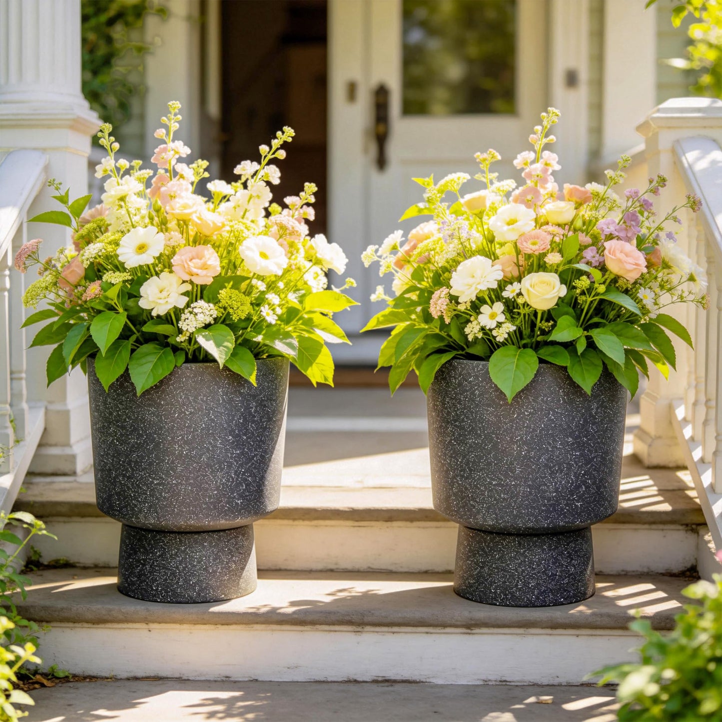 Ultym 16.8" Large Planters Set of 2 Modern Pedestal Plant Pots with Drainage Hole, Durable Plastic Flower Pots w/Terrazzo Finish, Weather-Resistant for Garden Patio Balcony Home Outdoor Indoor Decor