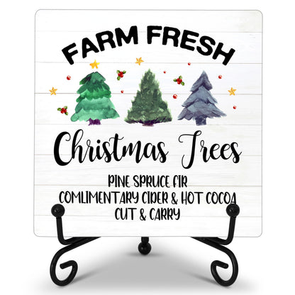 Cazhes Farmhouse Christmas Decor, Christmas Tree Sign Decorations for Home Bedroom, 5x5 Inches Wooden Xmas Decor with Iron Stand, Birthday New Year Gifts for Women-G04