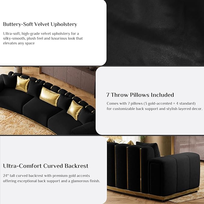 Oversized Luxury Chesterfield Sofa Set Velvet Black and Gold Couch