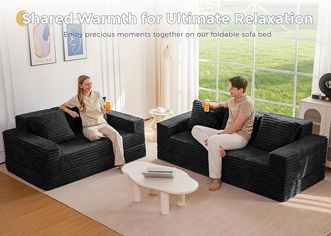 MAXYOYO Loveseat Sofa Bed, Striped Faux Fur Foldable Floor Sofa Couch in A Box