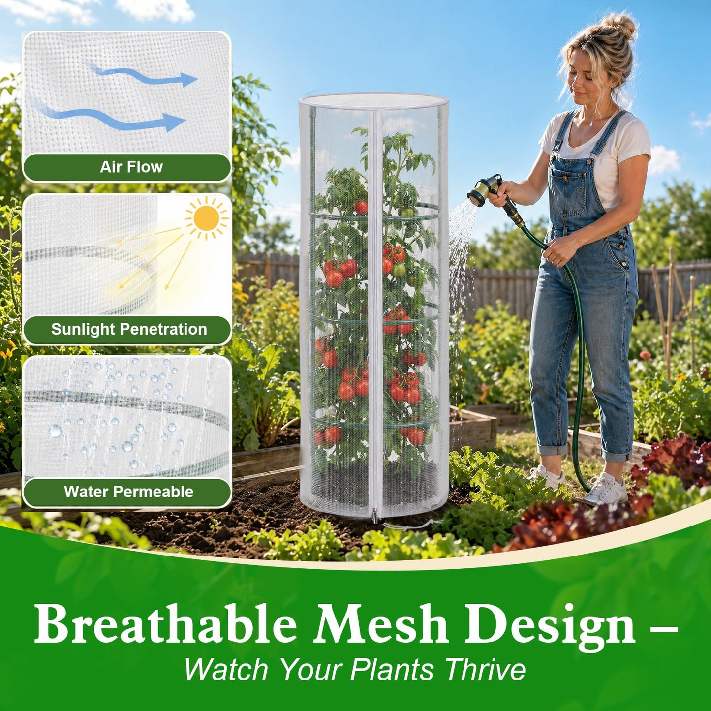 4 Pcs Garden Mesh Plant Cover for Round Tomato Cage, 57" x 15.7" Insect Bird Netting Protection Net Covers with Zipper & Drawstring, Garden Tomato Trellis Netting for Climbing Plants