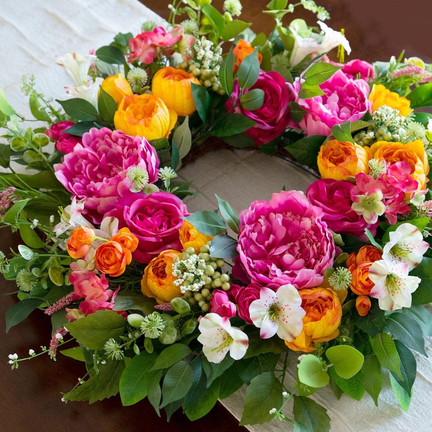CHvista 24 Inch Spring Wreaths for Front Door Outside,Handcrafted Garden Rose & Peony Style Summer Wreath with Pink,Orange Ivory Flowers- Lush Spring Door Wreath for Farmhouse Home Wall Porch Window