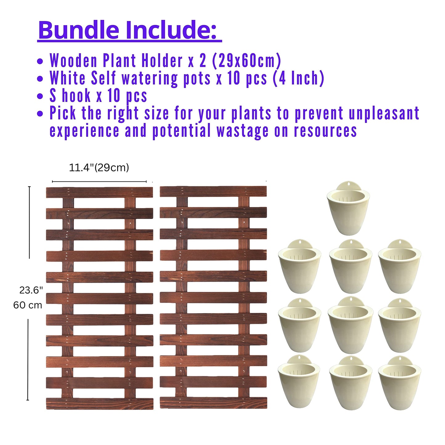 ShopLaLa Bundle- 2 Pack, 23.6 Inch Wooden Plant Holder + 10 Pack, 4 Inch White Self Watering Plastic Pot Modern Hydroponic Vertical Live Garden Display Wall Mount Plant Stand Home Living Room Decor