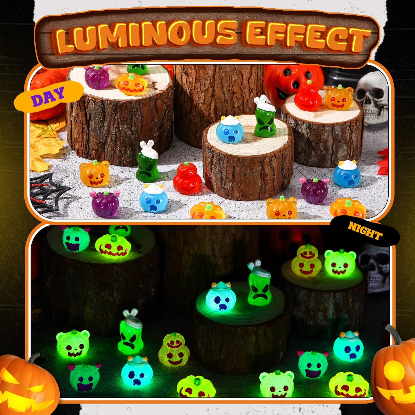 Seenelling 72 Pcs Halloween Mini Pumpkins Ghost Figures Luminous Small Resin Pumpkin Cute Miniature Ghost Ornament Glow in Dark for Halloween Garden Decoration Crafts