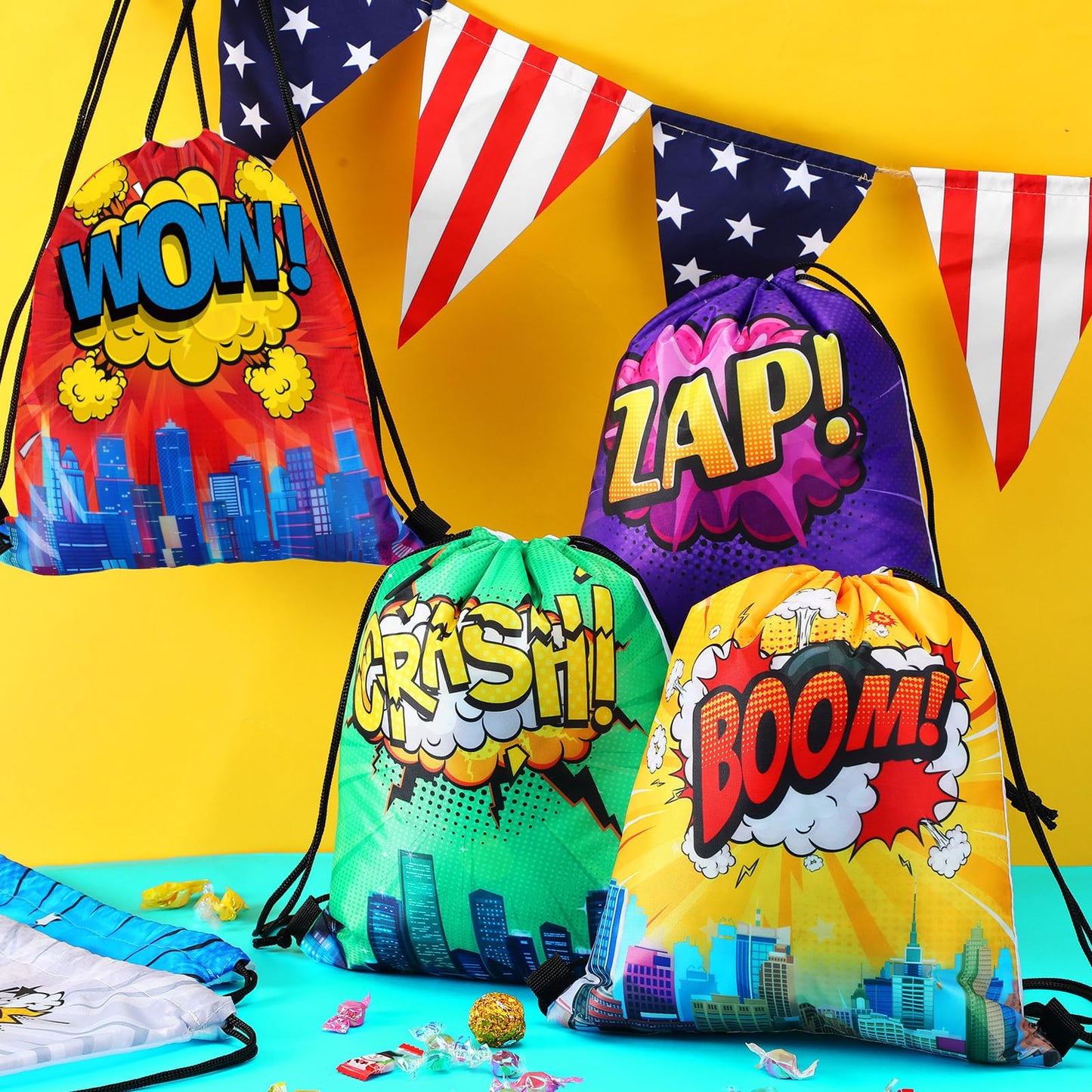Kajaia Hero Party Favors Bags Comic Heroes Drawstring Backpacks Goodie Candy Gift Bags for Back to School Birthday Party Supplies(18 Pcs)