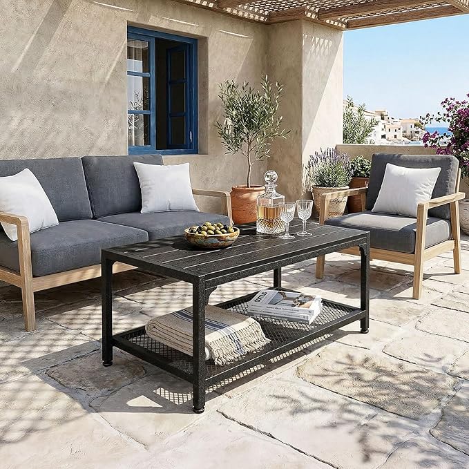 ODK Outdoor Coffee Table with Double-Layer Storage, Rectangle Weather-Resistant