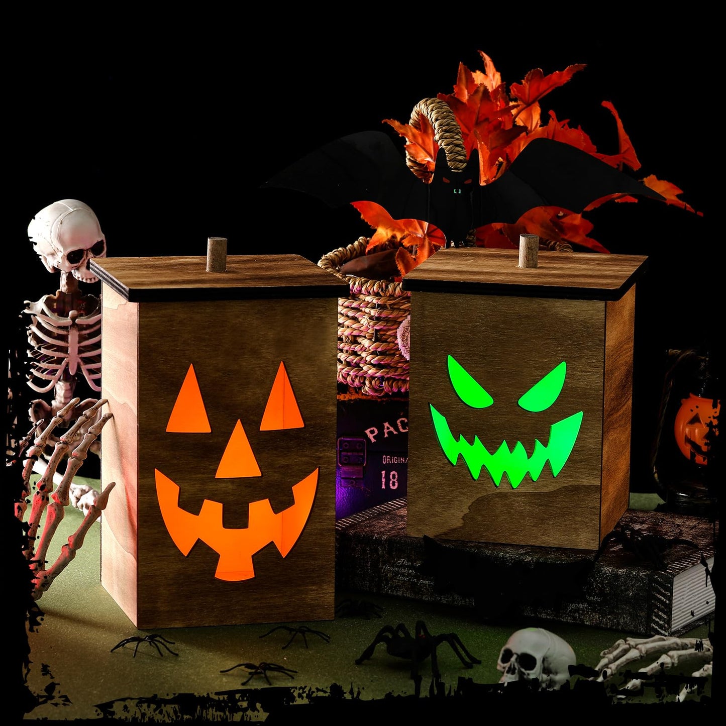 2 Pcs Wooden Jack O Lantern Pumpkins Halloween Light Up Jack O Lantern Outdoor Indoor Battery Operated Lighted Pumpkin With Spooky Face Halloween Decorations Party Favor Gift
