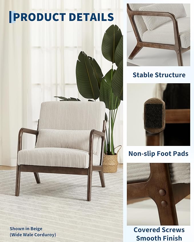Garvee Mid-Century Chenille Accent Chair, Cozy Reading Chair, Modern Lounge