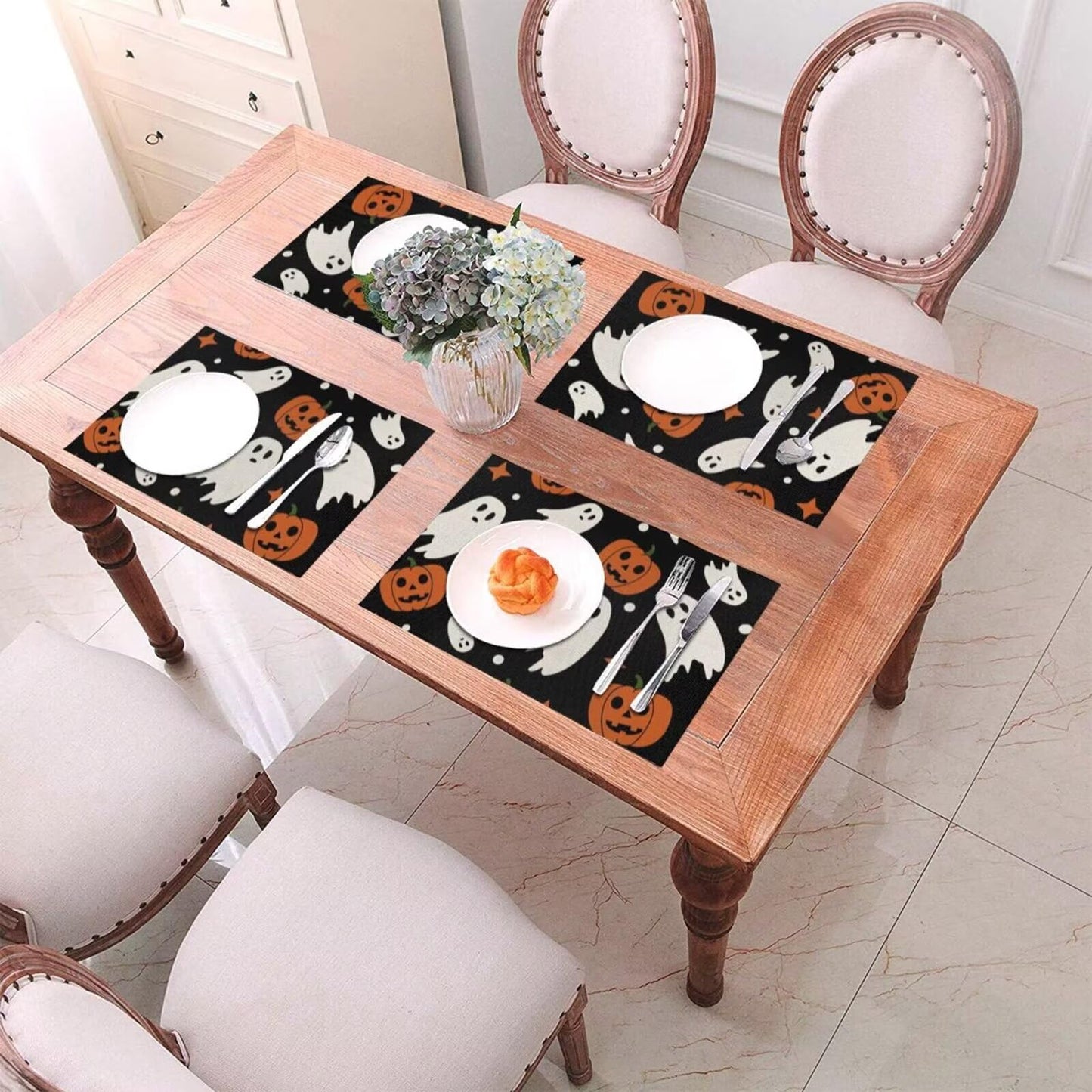 Halloween Orange Pumpkin Placemats 12x18 Inch Set of 4, Black and White Ghost Table Place Mat Autumn Cute Lantern Face Washable Table Mats Decorative Linen Fabric Table Mat for Dining Table