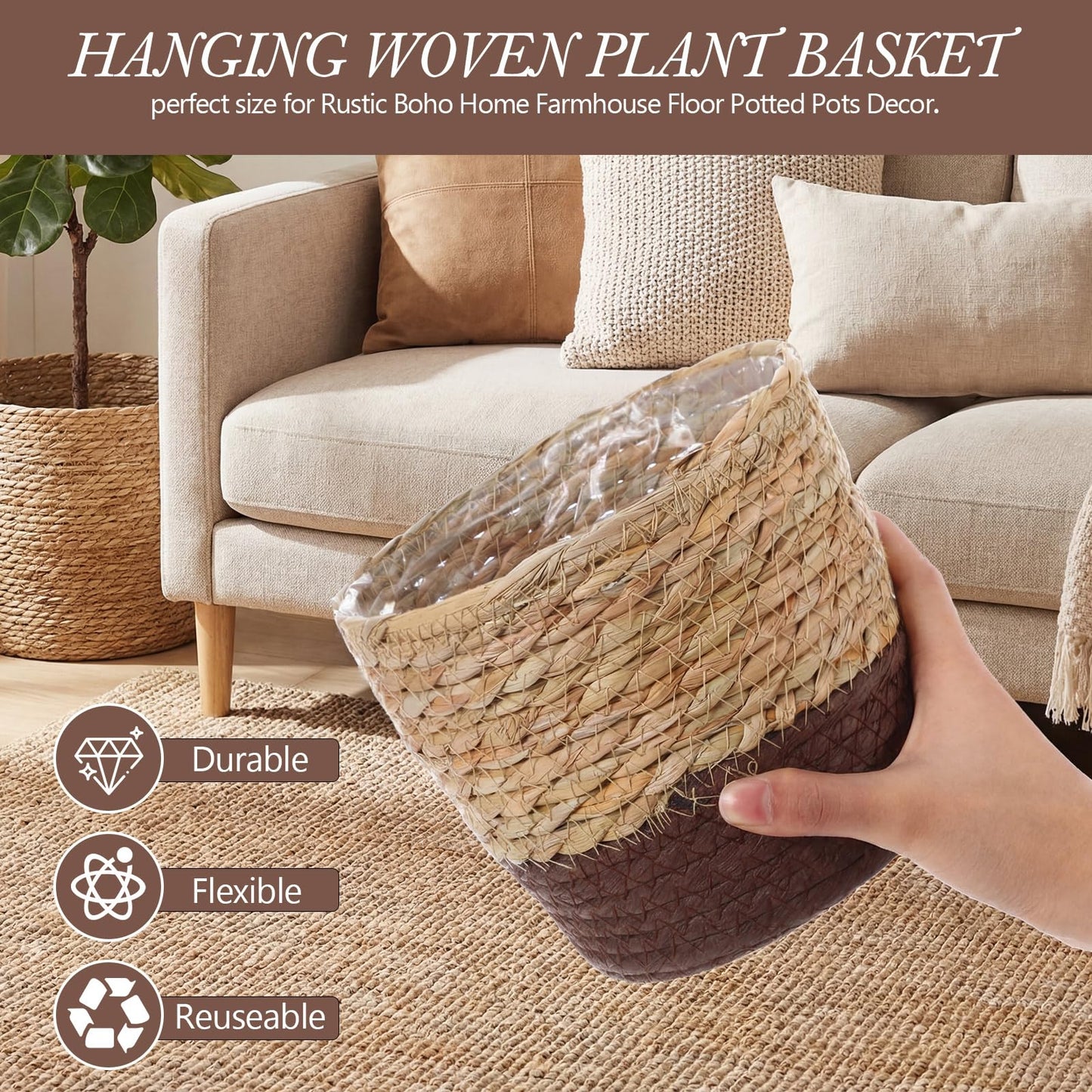 Ferrochef 6 Pcs Seagrass Hanging Planter Basket Hand Woven Plant Basket with Plastic Liners Hanging Plant Holder Storage Containers with Cotton Rope for Indoor Garden Decor (Small,Brown,Coffee Brown)
