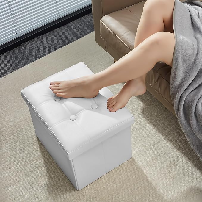 AmasSmile Storage Ottoman Folding Foot Rest Stool, Leather Footstool Bench