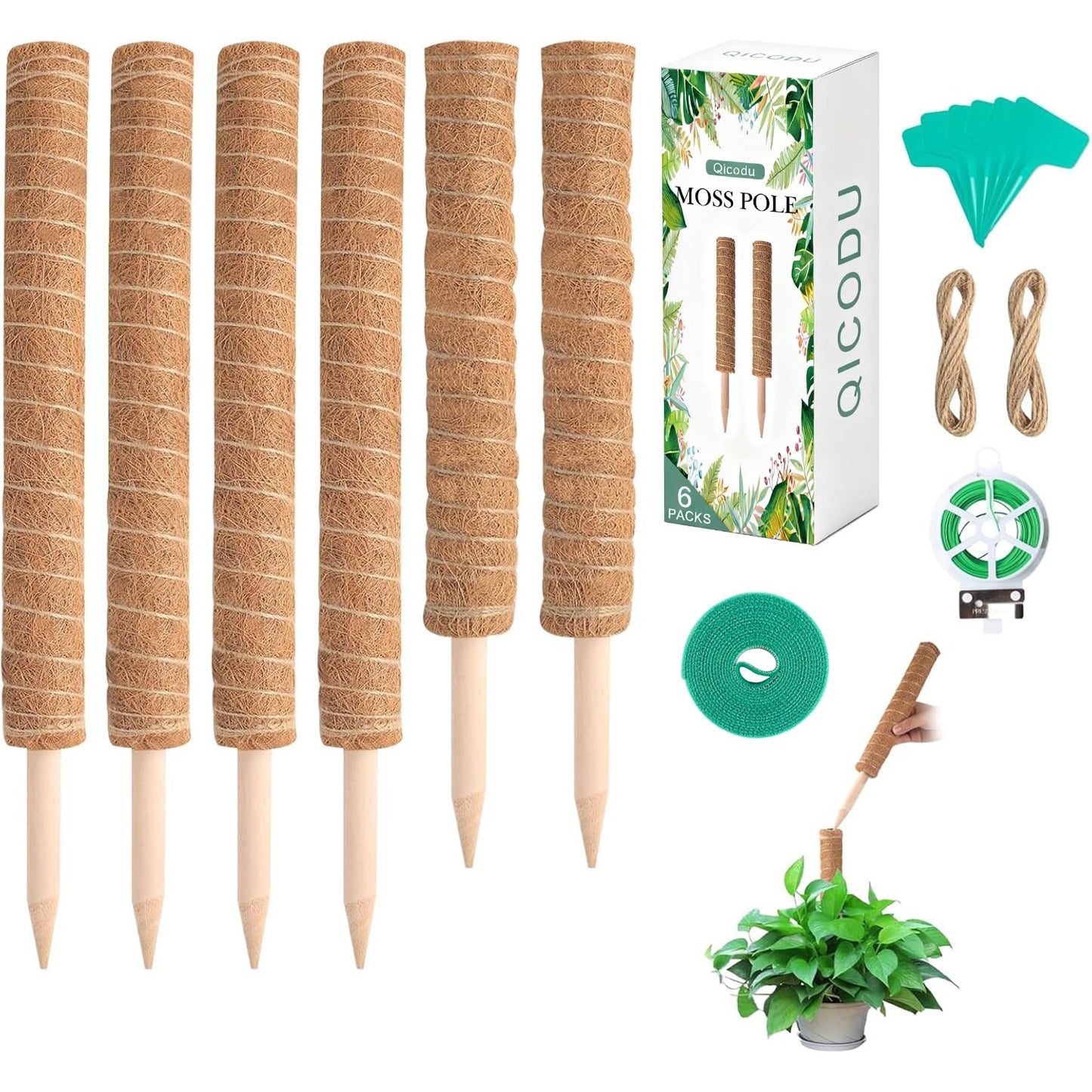 6 Pack Moss Poles for Monstera Plant Support (4x17in + 2x12in, 92in Total) – Stackable Moss Pole for Plants,Ideal Plant Stakes for Indoor Plants, Pothos, and Philodendron Support，with Garden Ties