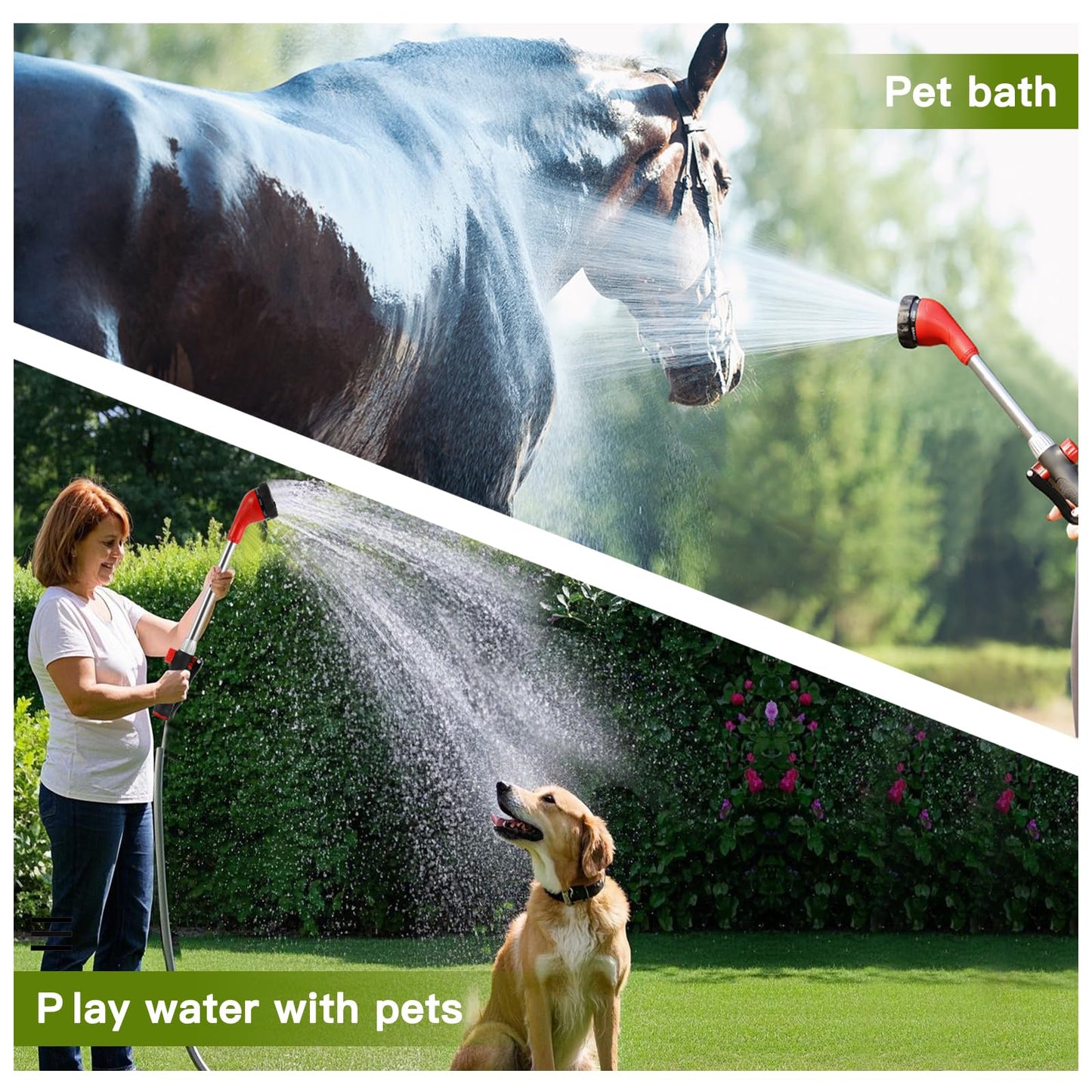 GREEN MOUNT Watering Wand, Heavy Duty Garden Hose Wand with 8 Spray Patterns, 16-Inch Hose Sprayer Nozzle with Flow Control, Ideal for Lawn and Garden Use, Red