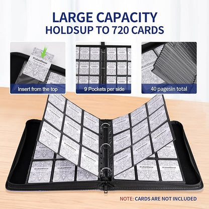 Card Binder – 720 Capacity, Zippered Trading Card Holder for MTG, Sports & Collectible Cards – Acid-Free, Durable & Travel-Friendly Storage (Black, 9 Pocket) (Pack of 2)