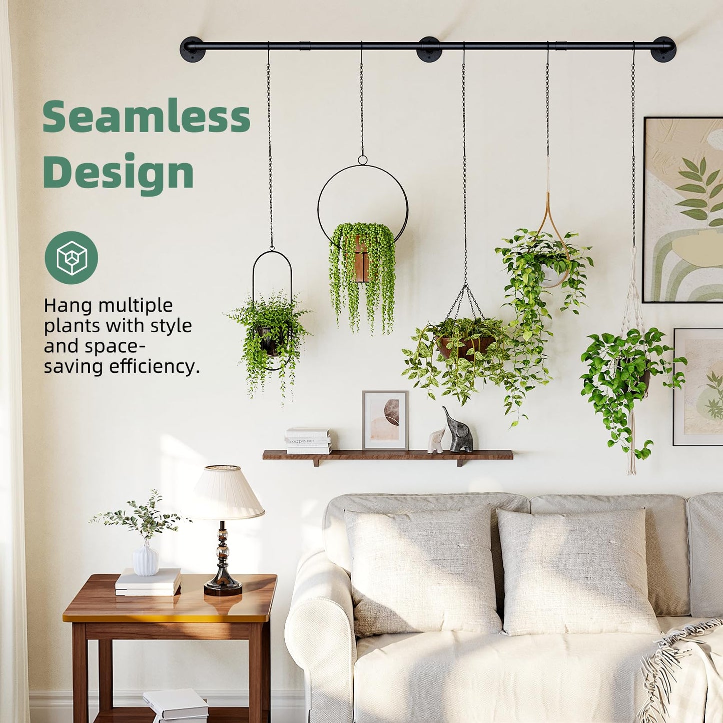 Galood Plant Hanger Indoor with 6 Hanging Chains Hanging Planters for Indoor Plants Hanging Plant Holder Window Plants Rod Black Metal Shelves(70.8 Inch Pot not Included