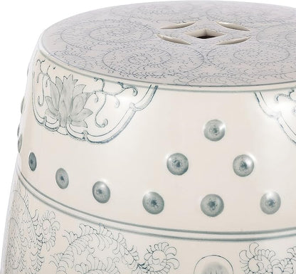 JONATHAN Y TBL1013C Double Happiness 18" Chinoiserie Ceramic Drum Indoor/Outdoor Garden Stool Bohemian, Coastal, Classic, Cottage, Traditional, Patio, Garden, Bathroom, Living Room, Gray Blue/White