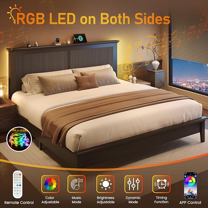 Lifezone King Bed Frame with Headboard, Solid Wood Bed Frame King Size with