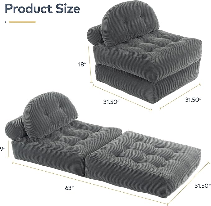 Convertible Corduroy Floor Sofa, 3-in-1 Folding Lazy Sofa Bed