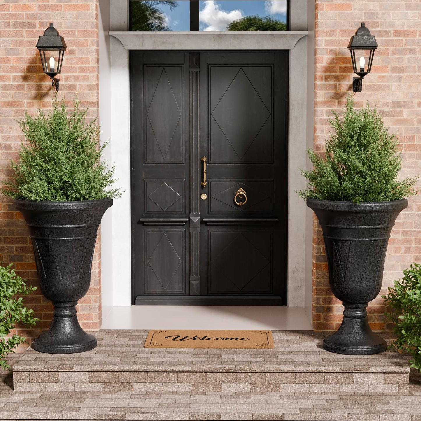 Trygoal 23.6" Tall Plastic Urn Planters for Outdoor Plants, Set of 2 Heavy-Duty Classic Indoor Large Flower Pots with Drainage Holes & Trophy Design, Outdoor Planters for Porch, Home Garden, Black
