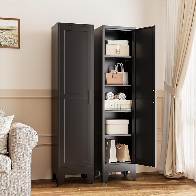 YAUWOH White Narrow Metal Storage Cabinet, Tall Freestanding Cabinet