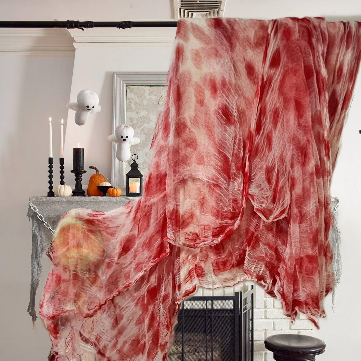 512" x 85" Halloween Blood Creepy Cloth Decoration - Large Bloody Spooky Fabric Gauze -Halloween Scary Gauze Blood Creepy Cloth for Haunted House Halloween Party Yard Wall Doorway Outdoors Decoration