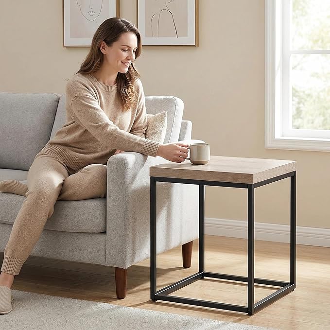 CENSI Modern Square End Table, Extra Thick 1.6" Wood Top & Metal Frame