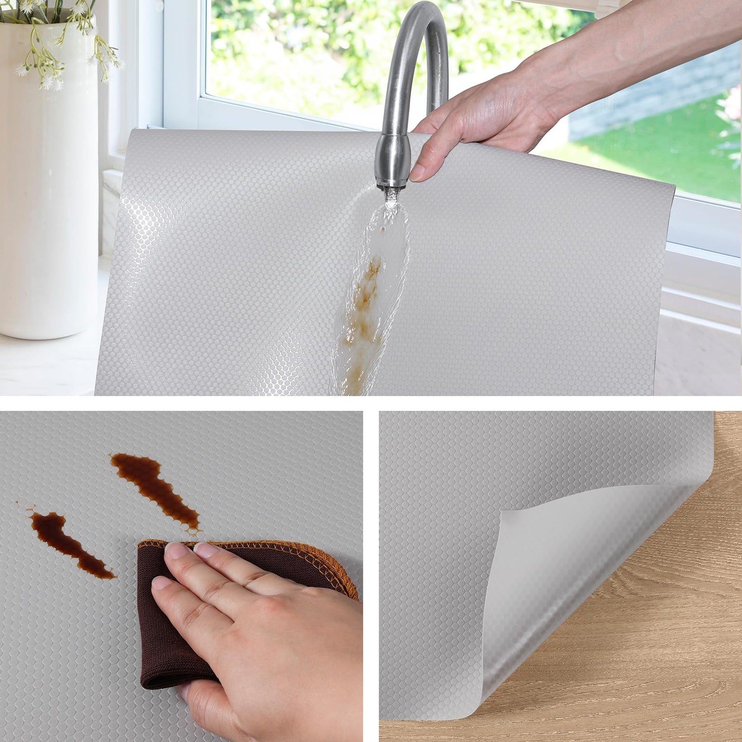 Shelf Liners for Kitchen Cabinets Non Adhesive Drawer Liner for Bathroom Waterproof Refrigerator Liners for Shelves Fridge Plastic Mats Cabinet Cupboard Liner Light Gray 11.8 x 59 Inches