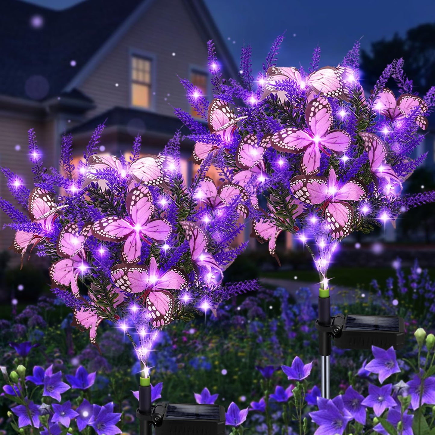 Kohlrabi Solar Garden Lights Outdoor, 2 Pack Purple Lavender Solar Butterfly Lights Gardening Gifts for Women,Artificial Flowers Light Purple Halloween Garden Decor for Patio Yard Lawn Christmas