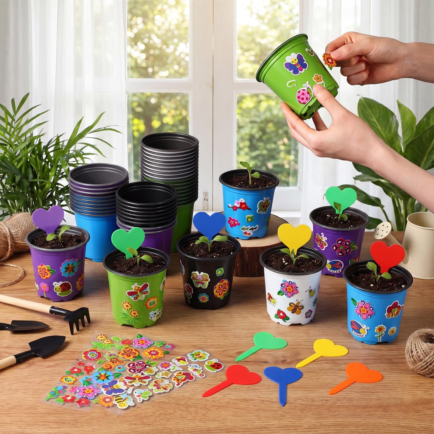RimCereal 150 Sets Garden Pot Craft Kit Bulk DIY Flower Planting Kit Including Plastic Nursery Pots Labels and Stickers for Flower Planting Growing Garden Supplies(Colorful)