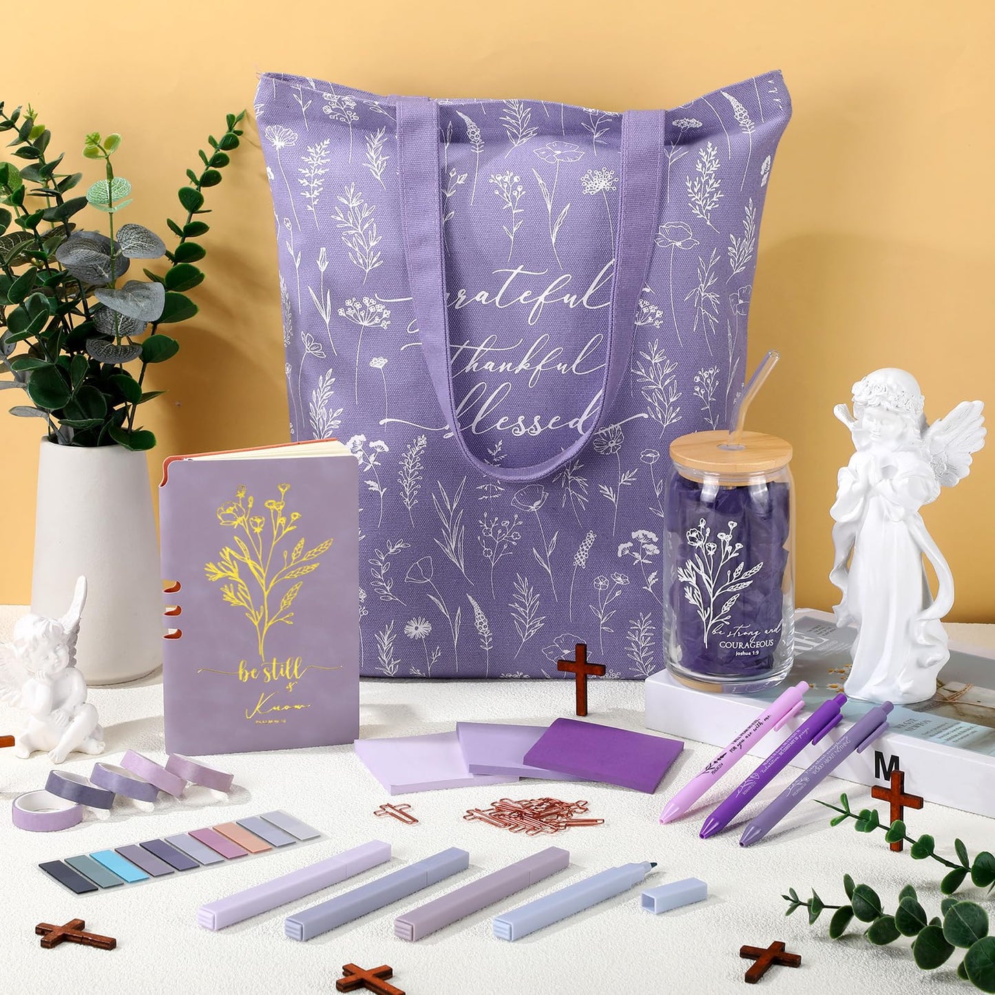 Singhoow 29 Pcs Bible Journaling Supplies Kit 16 oz Glass Cup Canvas Bag Leather Notebook Highlighters Pens Sticky Note Tapes Bible Study Supplies for Women Sunday School Teacher(Boho, Purple)