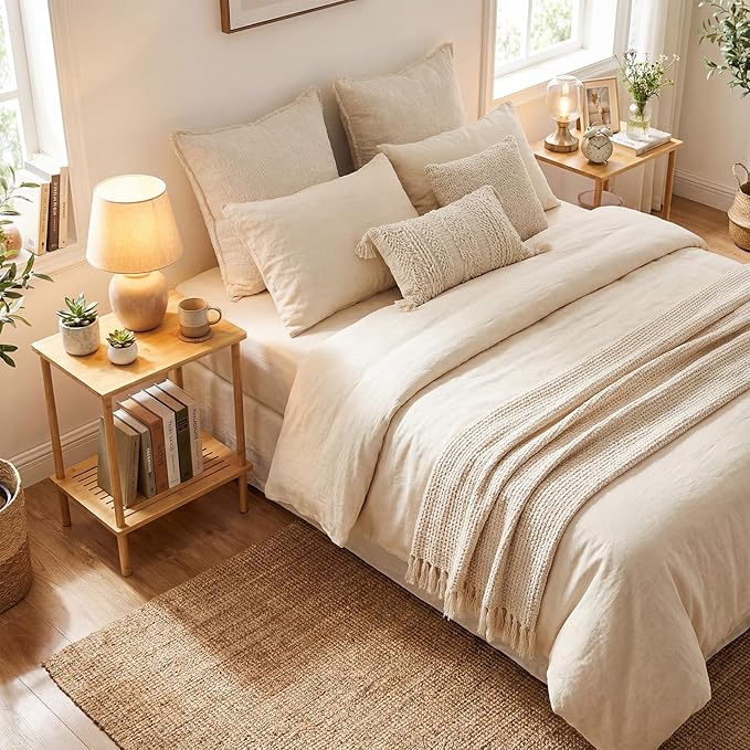 Giantex Bamboo Side Table Set of 2, 2-Tier Sofa End Bedside Table w/Storage