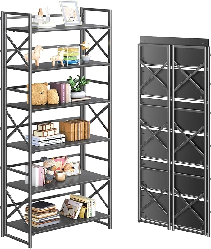 4NM 6 Tiers No Assembly Book Shelves, 61.8" H Folding Bookshelf Bookcase Open