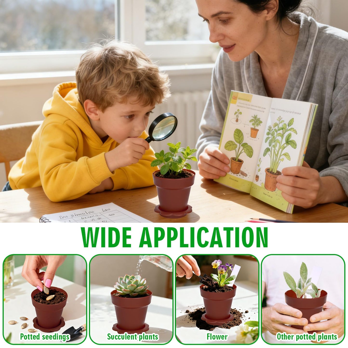JarThenaAMCS 50 Set Cupcake Plant Nursery Pots with Humidity Dome Small Flower Pot Brown Plastic Gardening Container Cups with Saucers Shovel Plant Labels for Earth Day Seedling Plants Display
