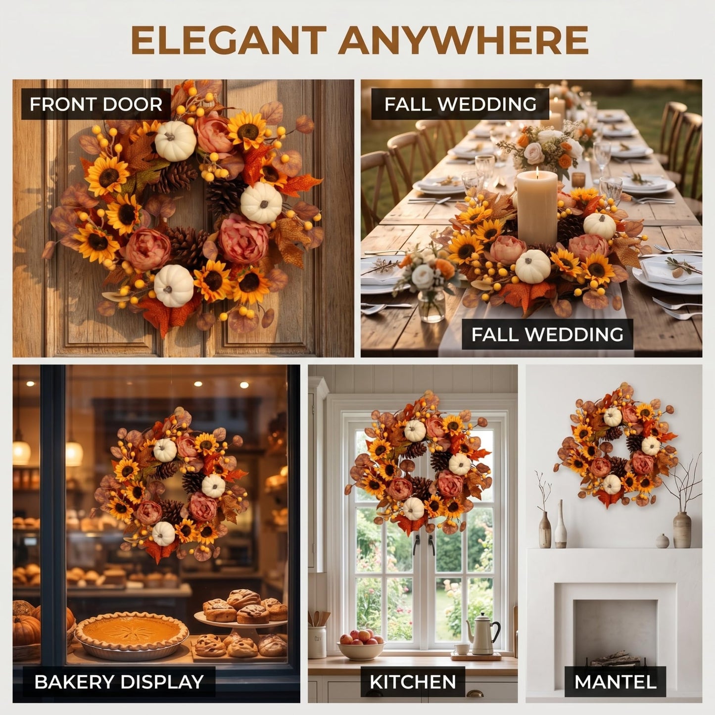 Artificial Fall Autumn Wreath 22 in with Sunflower,Peony,Pumpkin, Eucalyptus Leaf for Front Door Thanksgiving Wreaths Wall Window Harvest Festival Celebration